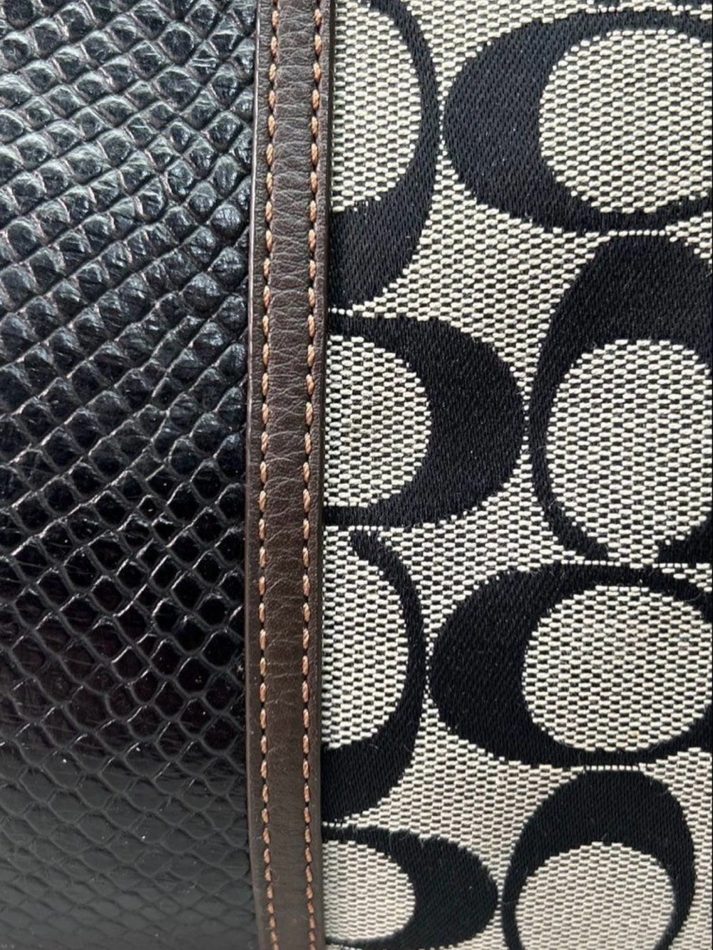 Coach Signature (black) Snakeskin Stripe Saddle Tote F31444 Brown Leather Trim - Picture 3 of 16